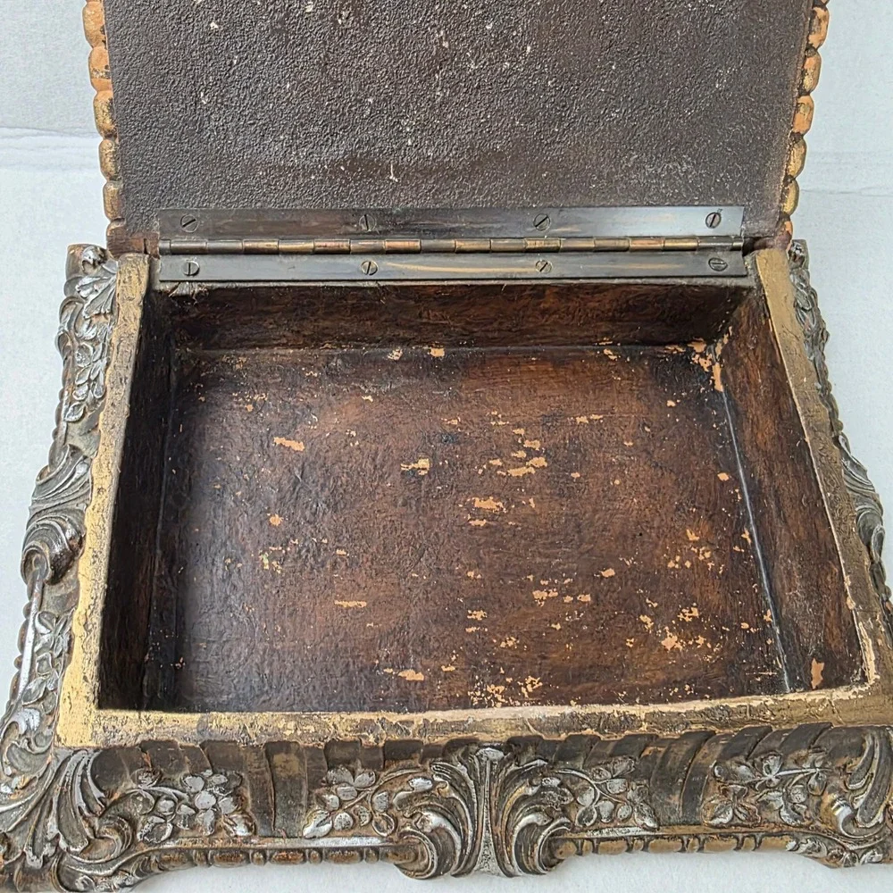 Syroco Vintage Ornate Bronze Silver Jewelry Box with Removable Wood Tray 12in